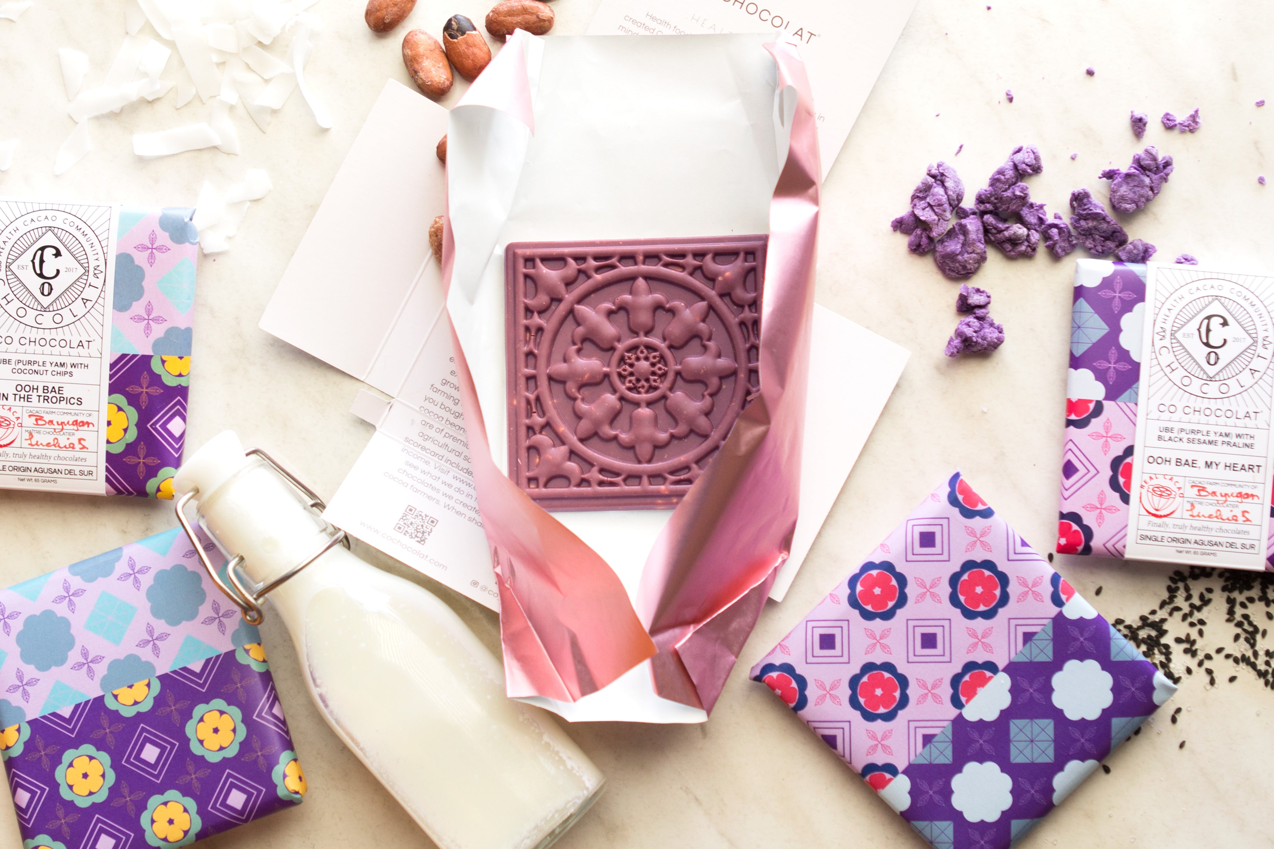 LIMITED EDITION: Ooh Bae in the Tropics - Ube (Purple Yam in White Chocolate) with Coconut Chips - Co Chocolat - Finally, Truly Healthy Chocolates
