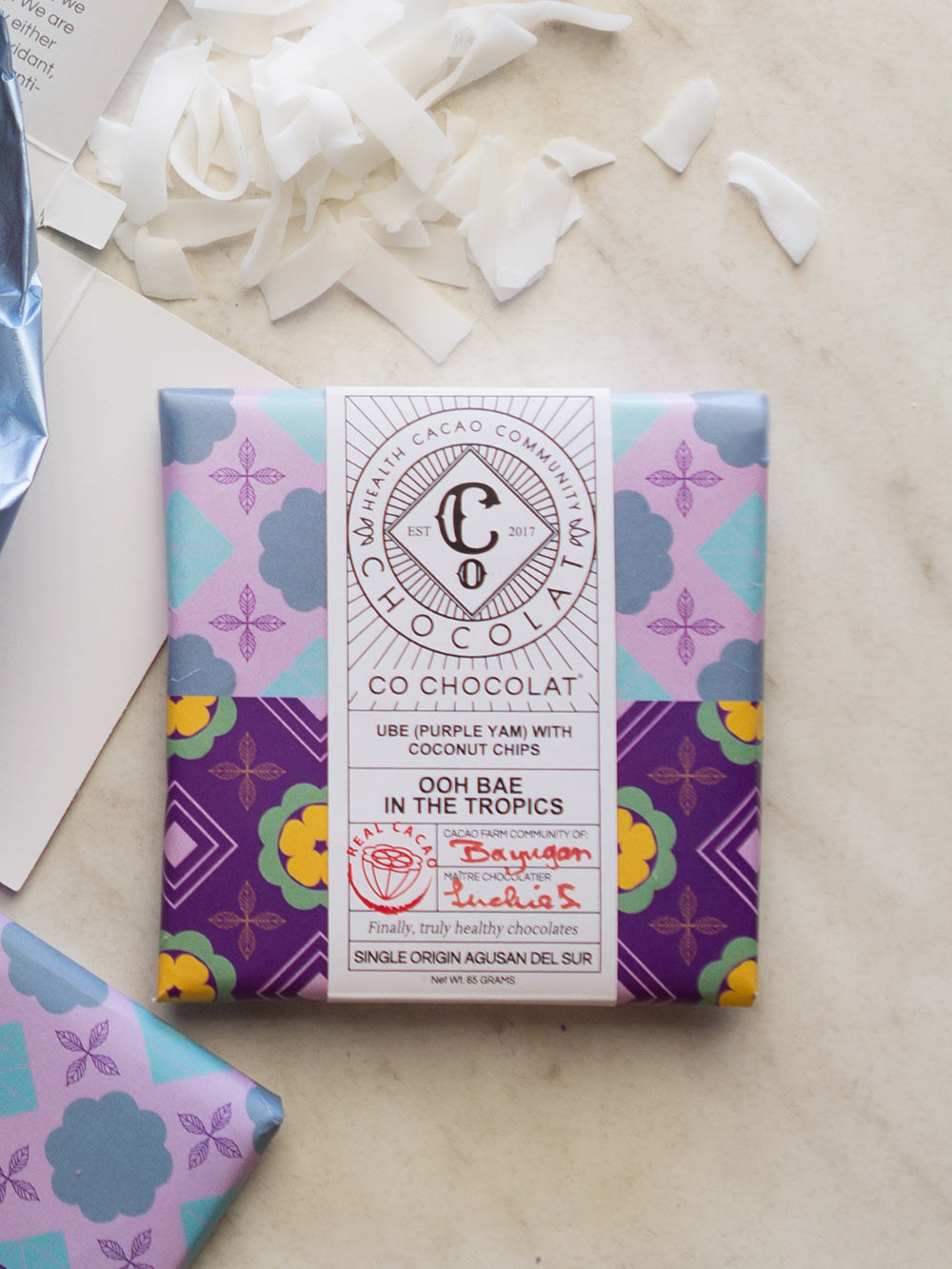LIMITED EDITION: Ooh Bae in the Tropics - Ube (Purple Yam in White Chocolate) with Coconut Chips - Co Chocolat - Finally, Truly Healthy Chocolates